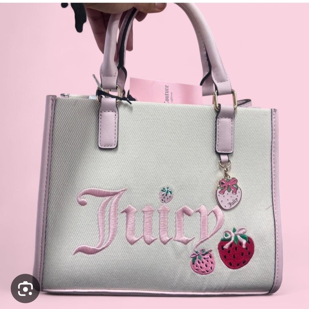 Juicy Couture Cream Satchel with Pink Trim & Strawberry Embroidery